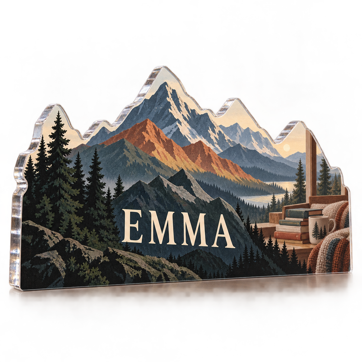 Artwork visualization: Geometric mountain layers — reading nook decor, personalized EMMA, subject-shaped acrylic with printed optical 3D depth; not carved relief.