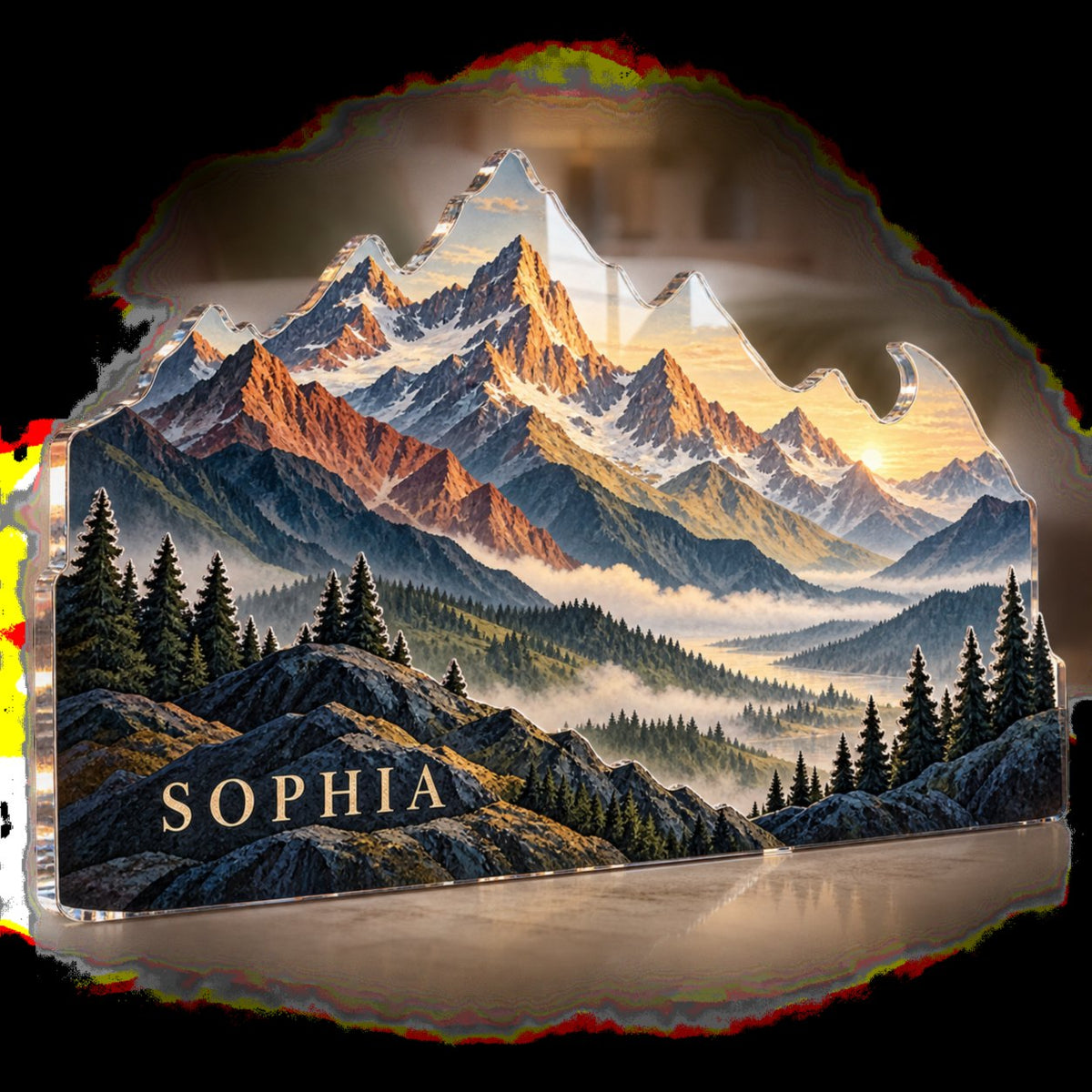 Personalized Geometric Mountain Layers Bedroom Statement Decor custom shape acrylic plaque with an example name set into the artwork, digital preview