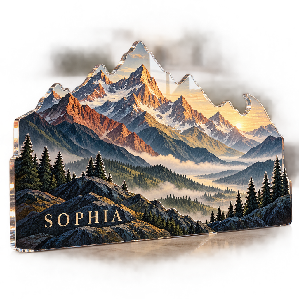 Artwork visualization: Geometric mountain layers — bedroom statement decor, personalized SOPHIA, subject-shaped acrylic with printed optical 3D depth; not carved relief.