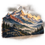 Artwork visualization: Geometric mountain layers — bedroom statement decor, personalized SOPHIA, subject-shaped acrylic with printed optical 3D depth; not carved relief.