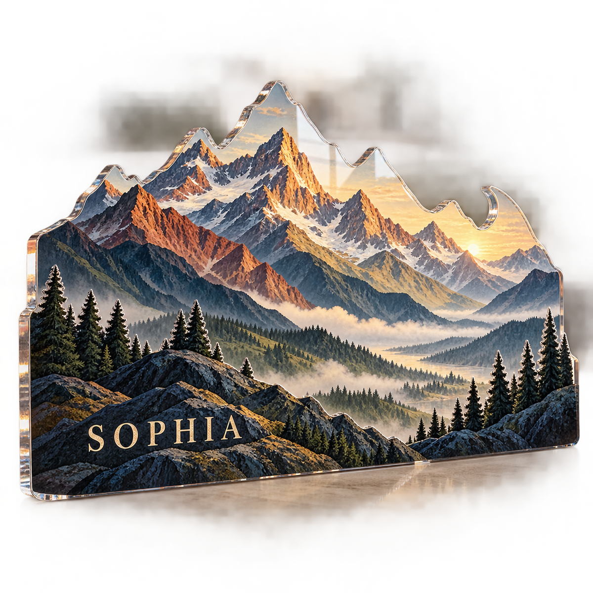 Artwork visualization: Geometric mountain layers — bedroom statement decor, personalized SOPHIA, subject-shaped acrylic with printed optical 3D depth; not carved relief.