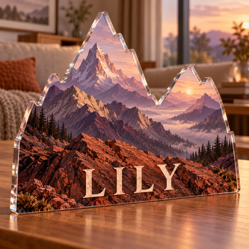 Artwork visualization: Geometric mountain layers — living room focal point, personalized LILY, subject-shaped acrylic with printed optical 3D depth; not carved relief.