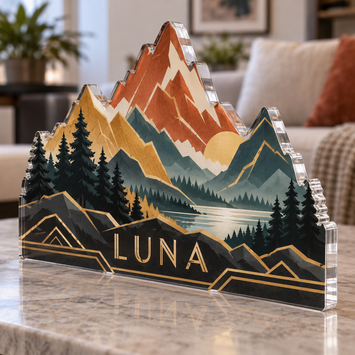 Artwork visualization: Geometric mountain layers — personalized housewarming, personalized LUNA, subject-shaped acrylic with printed optical 3D depth; not carved relief.