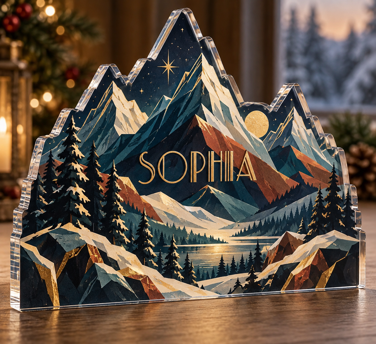 Artwork visualization: Geometric mountain layers — quiet corner decoration, personalized SOPHIA, subject-shaped acrylic with printed optical 3D depth; not carved relief.