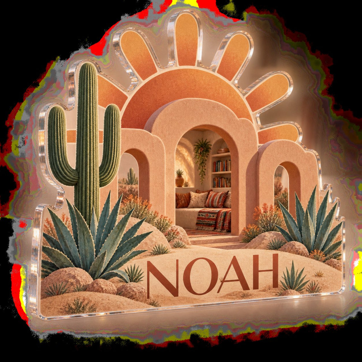 Personalized Desert Sun Arches Reading Nook Decor custom shape acrylic plaque with an example name set into the artwork, digital preview