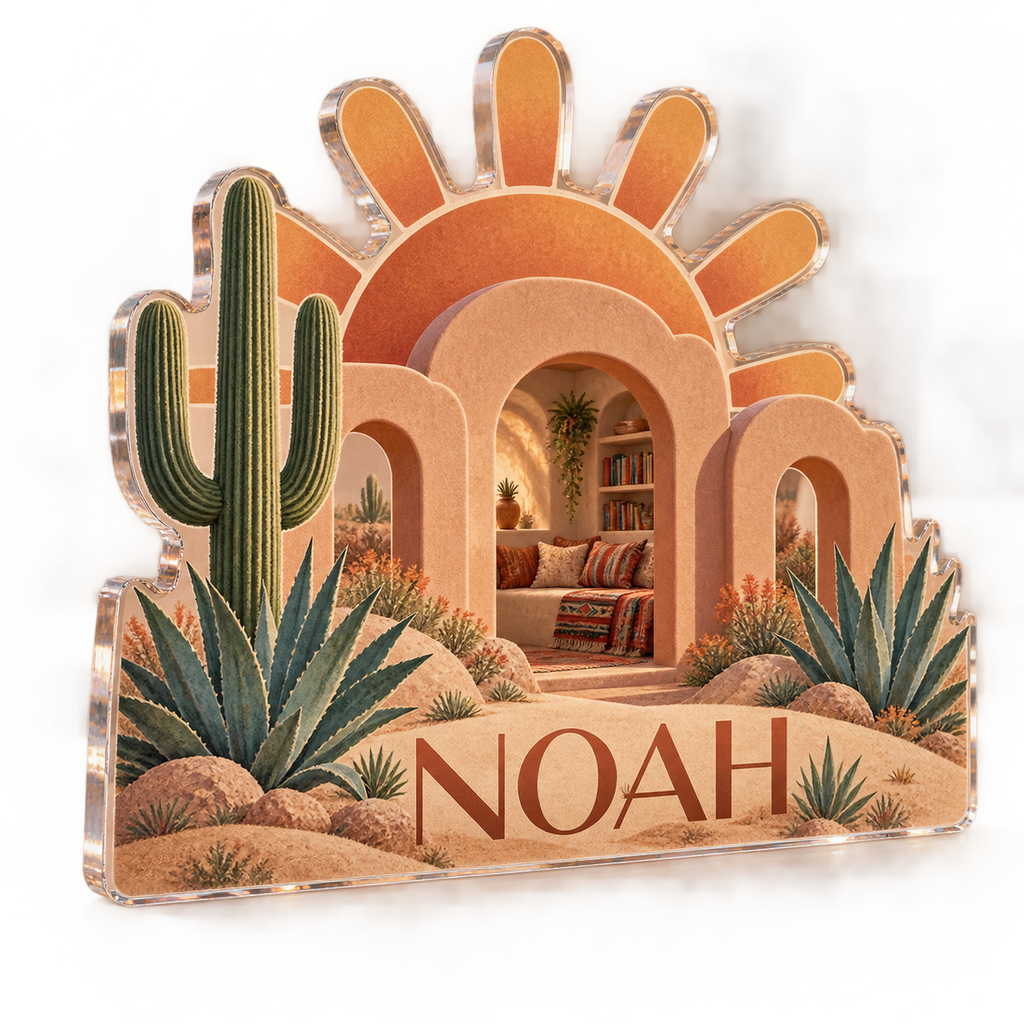 Artwork visualization: Desert sun arches — reading nook decor, personalized NOAH, subject-shaped acrylic with printed optical 3D depth; not carved relief.