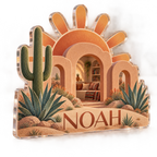 Artwork visualization: Desert sun arches — reading nook decor, personalized NOAH, subject-shaped acrylic with printed optical 3D depth; not carved relief.