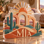 Artwork visualization: Desert sun arches — bedroom statement decor, personalized MIA, subject-shaped acrylic with printed optical 3D depth; not carved relief.