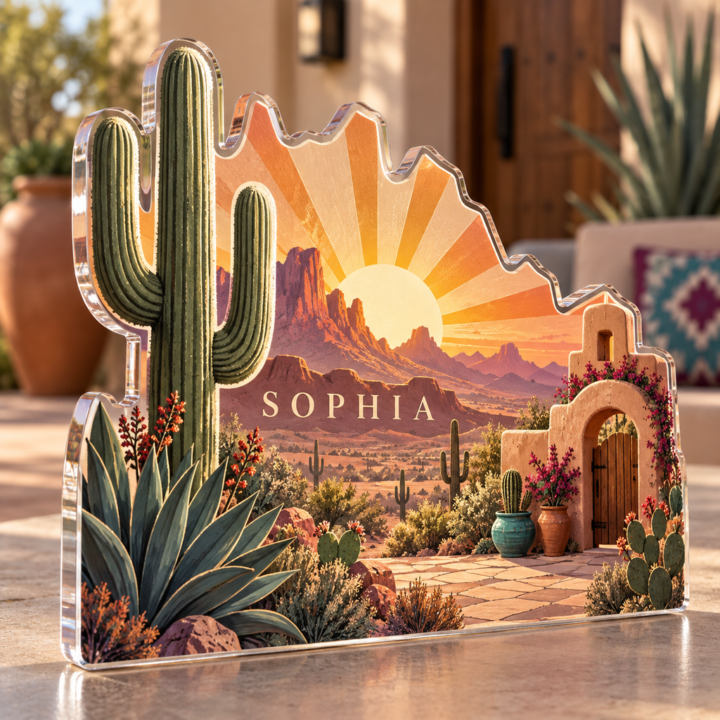 Artwork visualization: Desert sun arches — personalized housewarming, personalized SOPHIA, subject-shaped acrylic with printed optical 3D depth; not carved relief.
