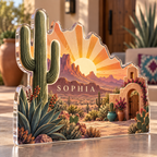 Artwork visualization: Desert sun arches — personalized housewarming, personalized SOPHIA, subject-shaped acrylic with printed optical 3D depth; not carved relief.