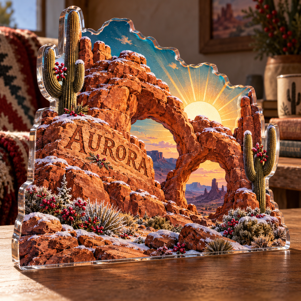 Artwork visualization: Desert sun arches — quiet corner decoration, personalized AURORA, subject-shaped acrylic with printed optical 3D depth; not carved relief.