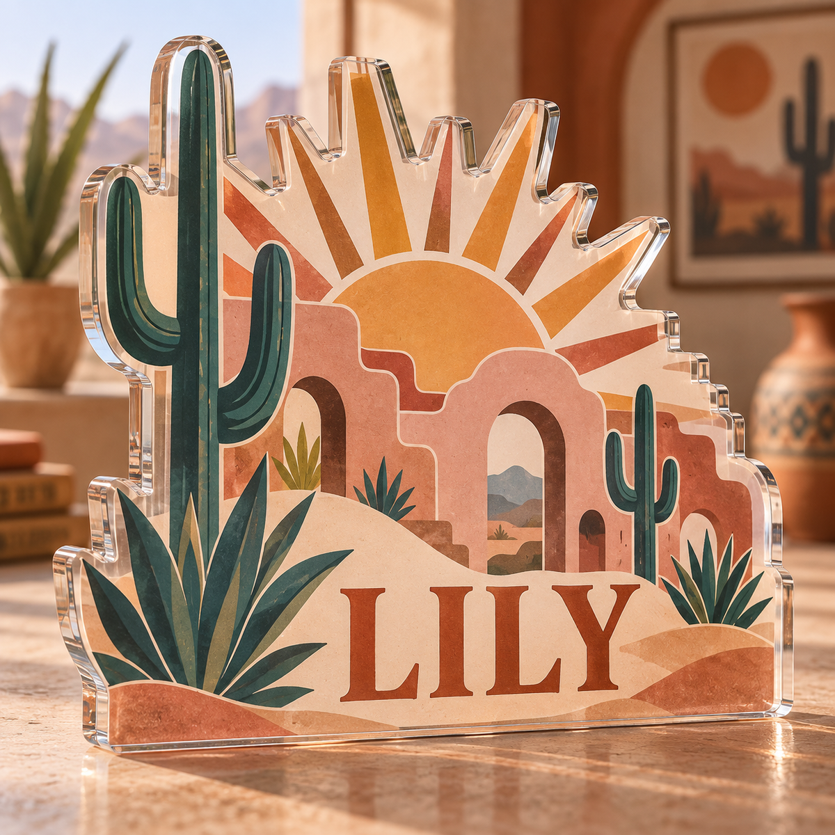 Artwork visualization: Desert sun arches — collector birthday keepsake, personalized LILY, subject-shaped acrylic with printed optical 3D depth; not carved relief.