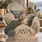 Artwork visualization: Organic pebble shapes — reading nook decor, personalized AVA, subject-shaped acrylic with printed optical 3D depth; not carved relief.