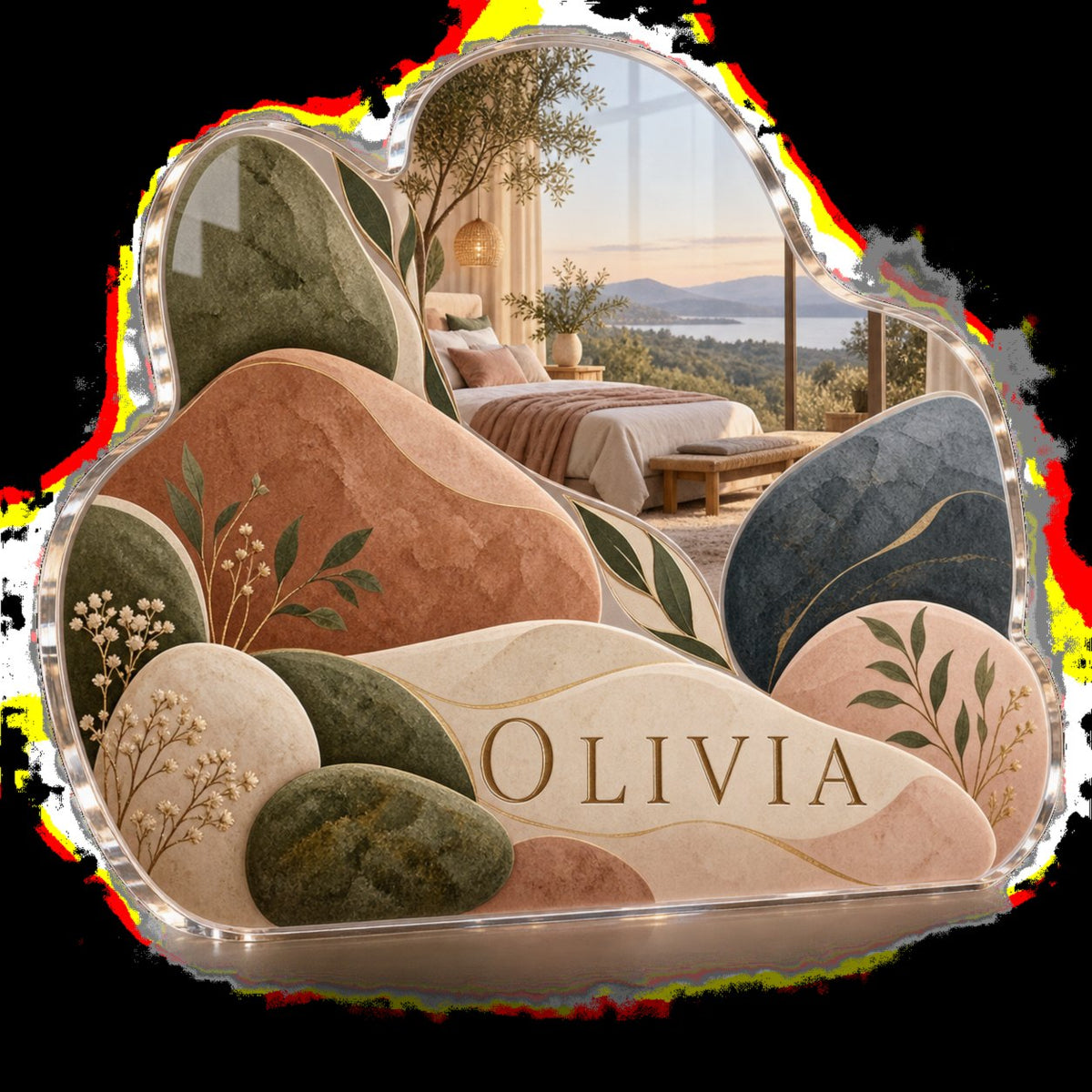 Personalized Organic Pebble Shapes Bedroom Statement Decor custom shape acrylic plaque with an example name set into the artwork, digital preview