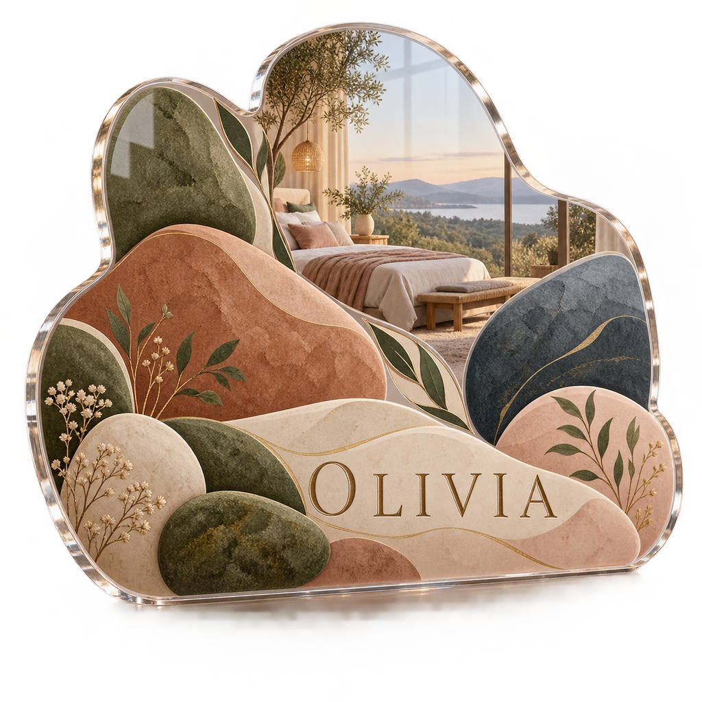 Artwork visualization: Organic pebble shapes — bedroom statement decor, personalized OLIVIA, subject-shaped acrylic with printed optical 3D depth; not carved relief.