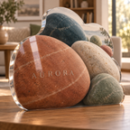 Artwork visualization: Organic pebble shapes — living room focal point, personalized AURORA, subject-shaped acrylic with printed optical 3D depth; not carved relief.