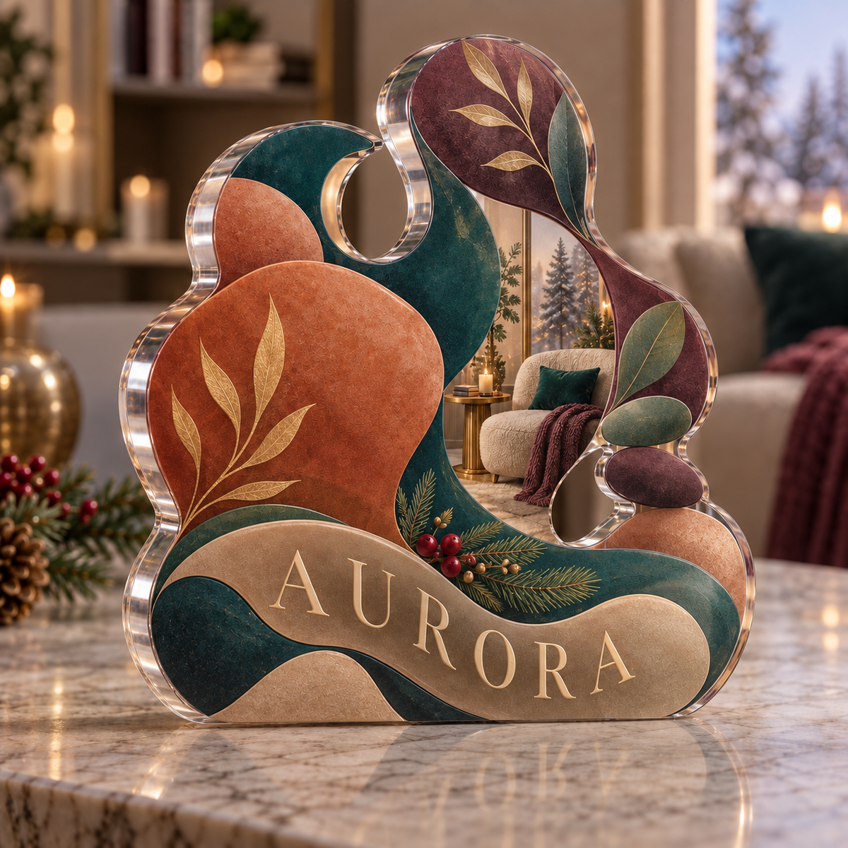 Artwork visualization: Organic pebble shapes — quiet corner decoration, personalized AURORA, subject-shaped acrylic with printed optical 3D depth; not carved relief.