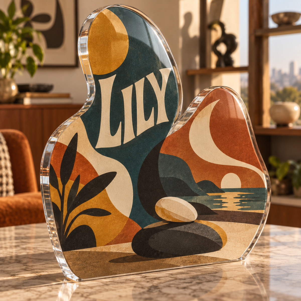Artwork visualization: Organic pebble shapes — collector birthday keepsake, personalized LILY, subject-shaped acrylic with printed optical 3D depth; not carved relief.