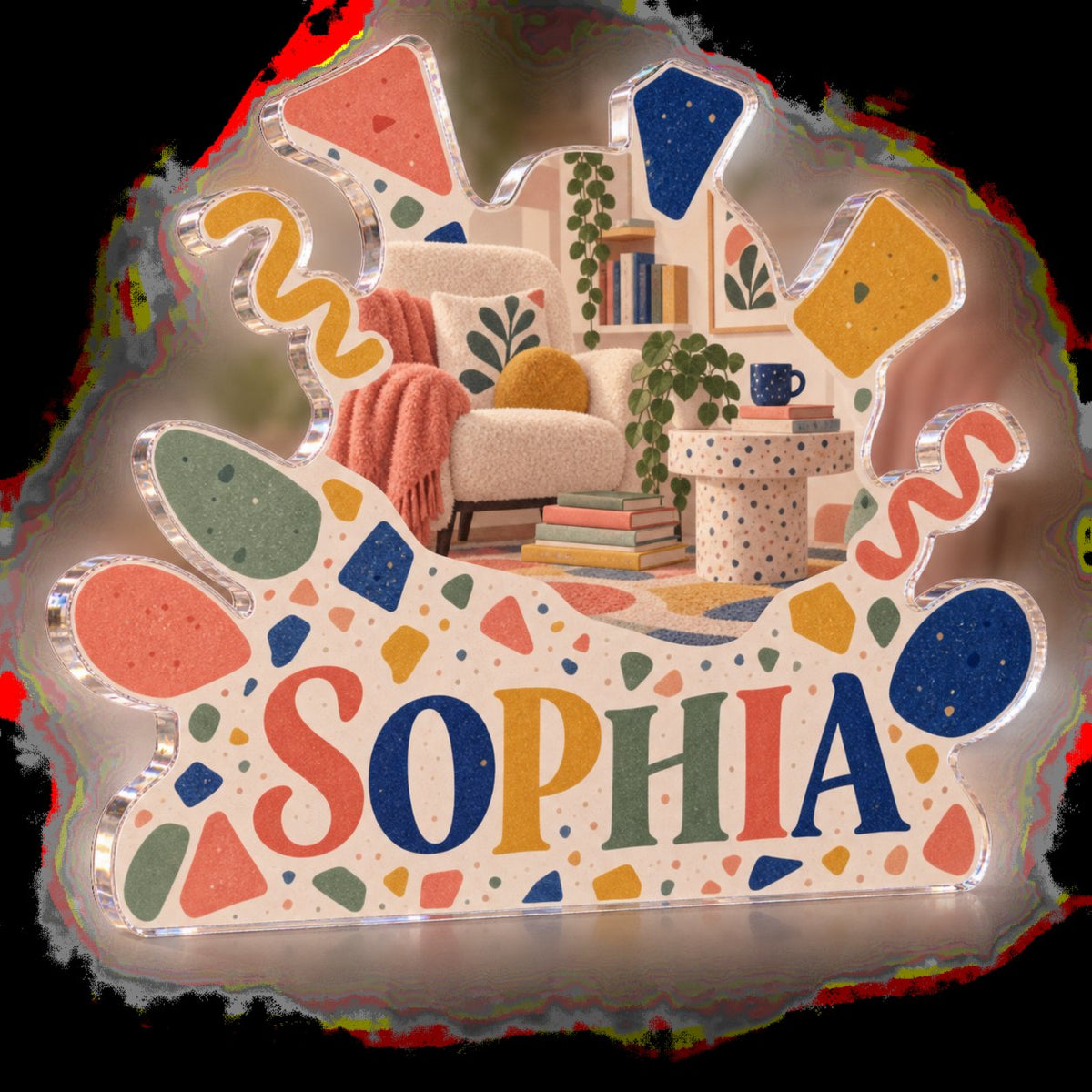 Personalized Terrazzo Confetti Reading Nook Decor custom shape acrylic plaque with an example name set into the artwork, digital preview