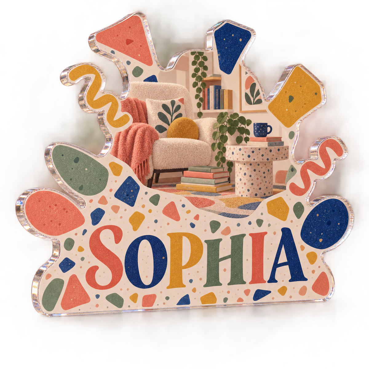 Artwork visualization: Terrazzo confetti — reading nook decor, personalized SOPHIA, subject-shaped acrylic with printed optical 3D depth; not carved relief.