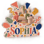 Artwork visualization: Terrazzo confetti — reading nook decor, personalized SOPHIA, subject-shaped acrylic with printed optical 3D depth; not carved relief.