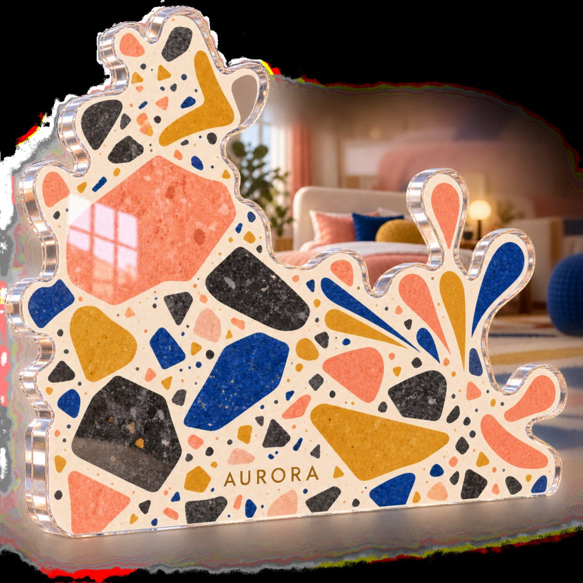 Personalized Terrazzo Confetti Bedroom Statement Decor custom shape acrylic plaque with an example name set into the artwork, digital preview