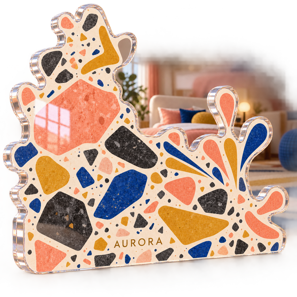 Artwork visualization: Terrazzo confetti — bedroom statement decor, personalized AURORA, subject-shaped acrylic with printed optical 3D depth; not carved relief.