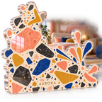 Artwork visualization: Terrazzo confetti — bedroom statement decor, personalized AURORA, subject-shaped acrylic with printed optical 3D depth; not carved relief.