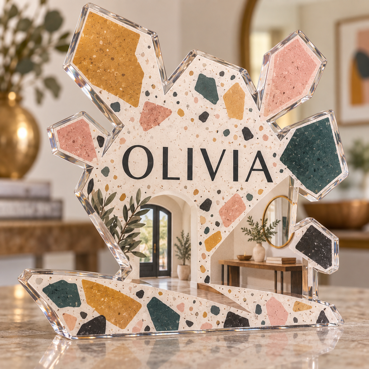 Artwork visualization: Terrazzo confetti — personalized housewarming, personalized OLIVIA, subject-shaped acrylic with printed optical 3D depth; not carved relief.