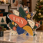 Artwork visualization: Terrazzo confetti — quiet corner decoration, personalized LILY, subject-shaped acrylic with printed optical 3D depth; not carved relief.