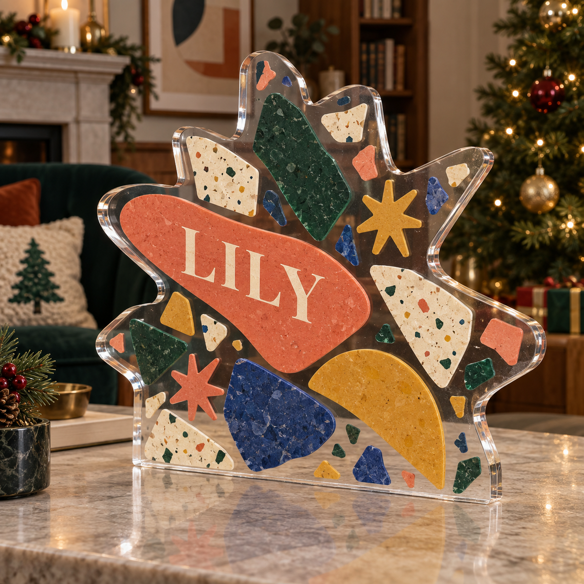 Artwork visualization: Terrazzo confetti — quiet corner decoration, personalized LILY, subject-shaped acrylic with printed optical 3D depth; not carved relief.