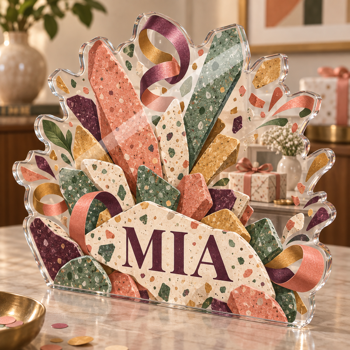 Artwork visualization: Terrazzo confetti — collector birthday keepsake, personalized MIA, subject-shaped acrylic with printed optical 3D depth; not carved relief.