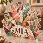 Artwork visualization: Terrazzo confetti — collector birthday keepsake, personalized MIA, subject-shaped acrylic with printed optical 3D depth; not carved relief.