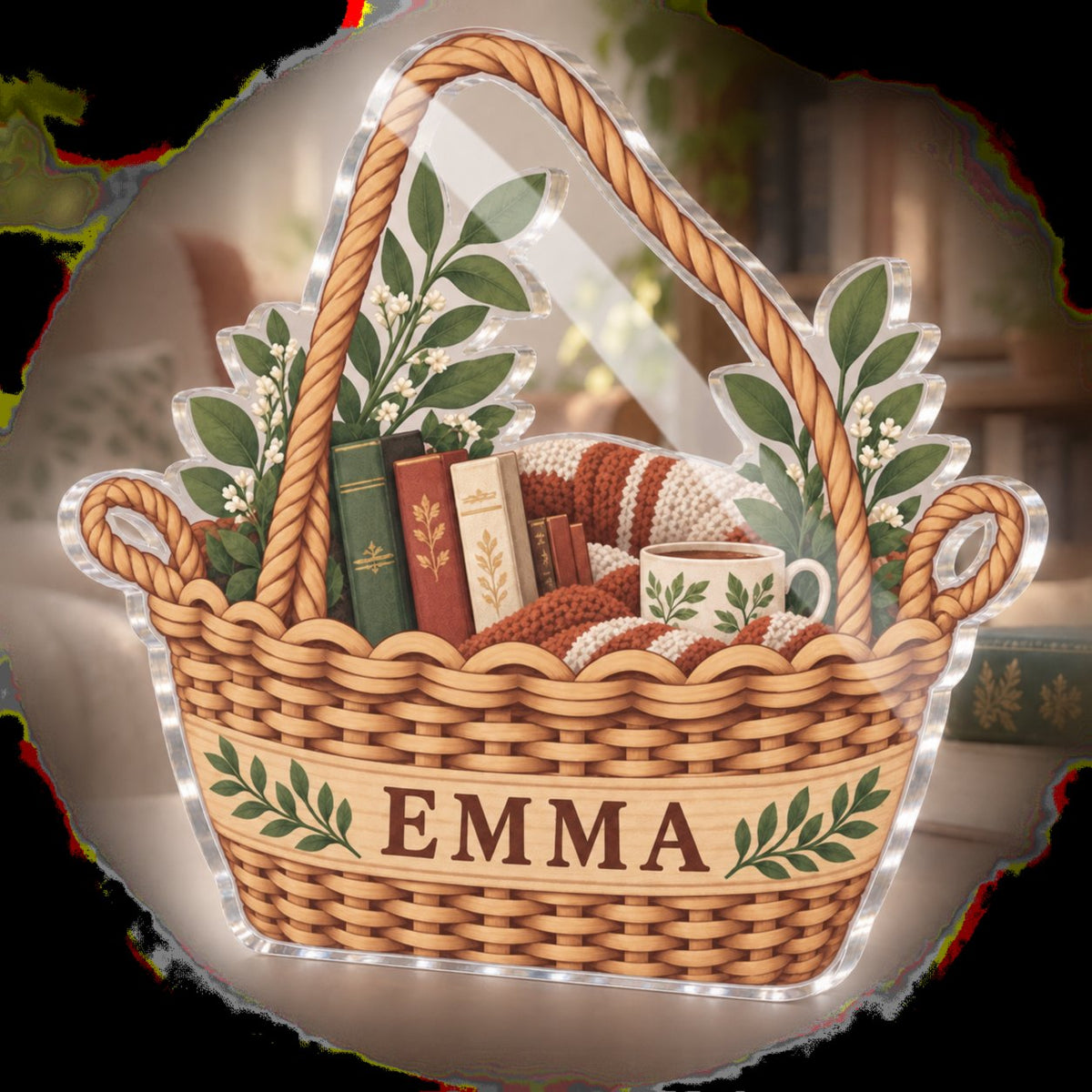 Personalized Woven Basket Illusion Reading Nook Decor custom shape acrylic plaque with an example name set into the artwork, digital preview