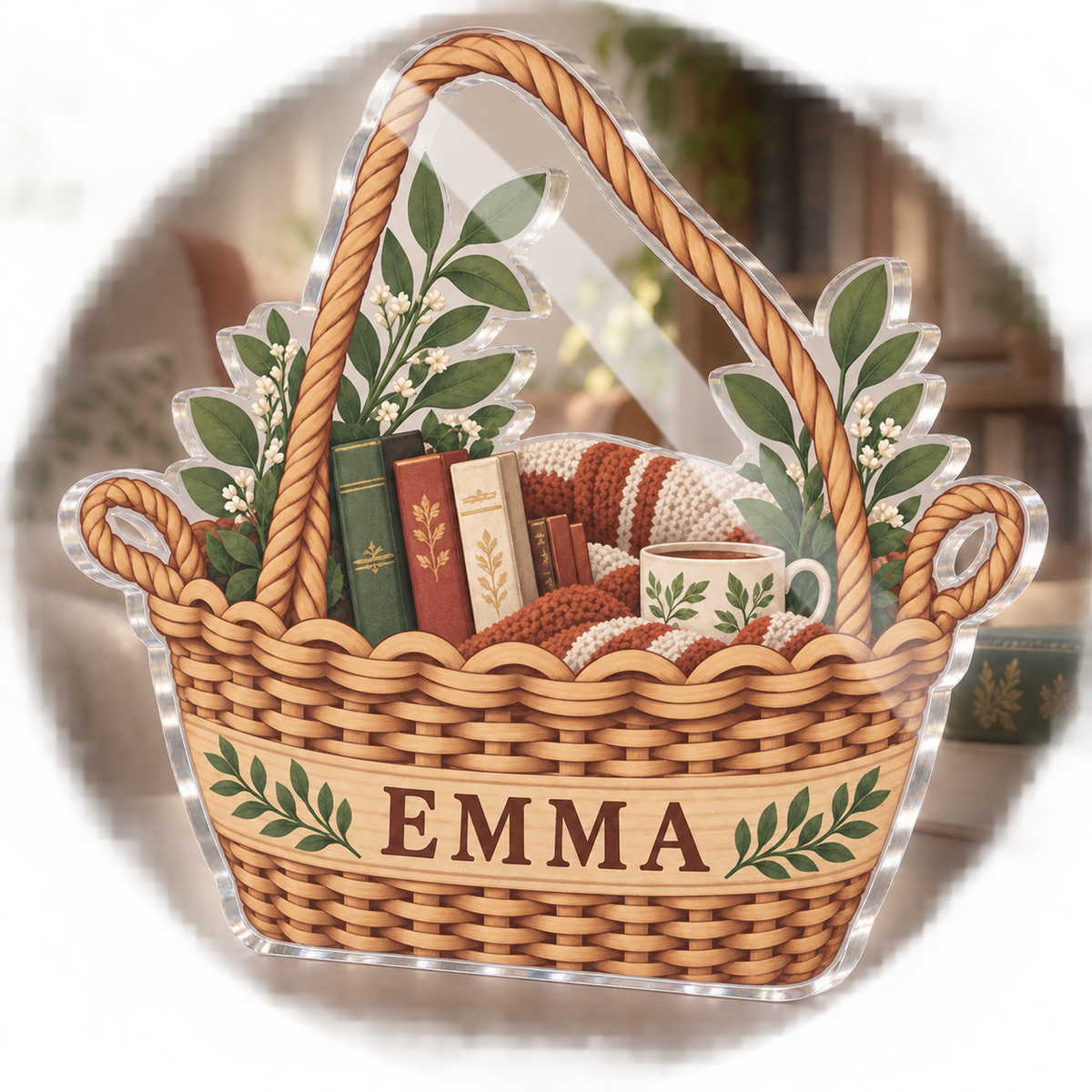 Artwork visualization: Woven basket illusion — reading nook decor, personalized EMMA, subject-shaped acrylic with printed optical 3D depth; not carved relief.