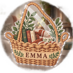 Artwork visualization: Woven basket illusion — reading nook decor, personalized EMMA, subject-shaped acrylic with printed optical 3D depth; not carved relief.