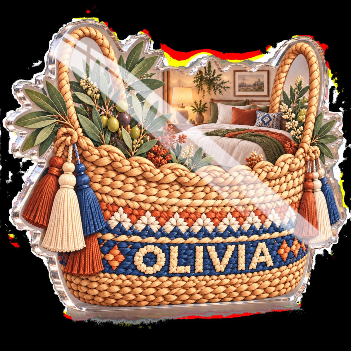 Personalized Woven Basket Illusion Bedroom Statement Decor custom shape acrylic plaque with an example name set into the artwork, digital preview