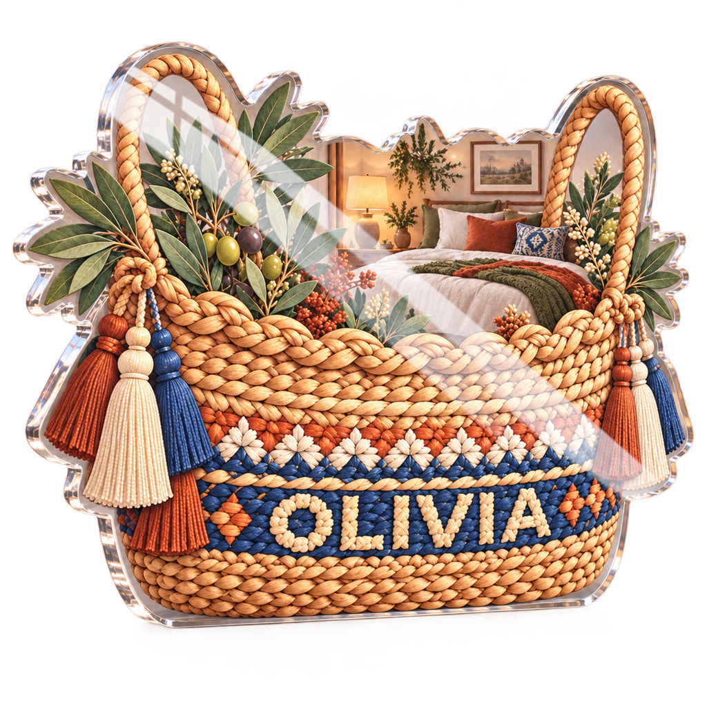Artwork visualization: Woven basket illusion — bedroom statement decor, personalized OLIVIA, subject-shaped acrylic with printed optical 3D depth; not carved relief.