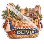 Artwork visualization: Woven basket illusion — bedroom statement decor, personalized OLIVIA, subject-shaped acrylic with printed optical 3D depth; not carved relief.