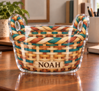 Artwork visualization: Woven basket illusion — home office backdrop, personalized NOAH, subject-shaped acrylic with printed optical 3D depth; not carved relief.