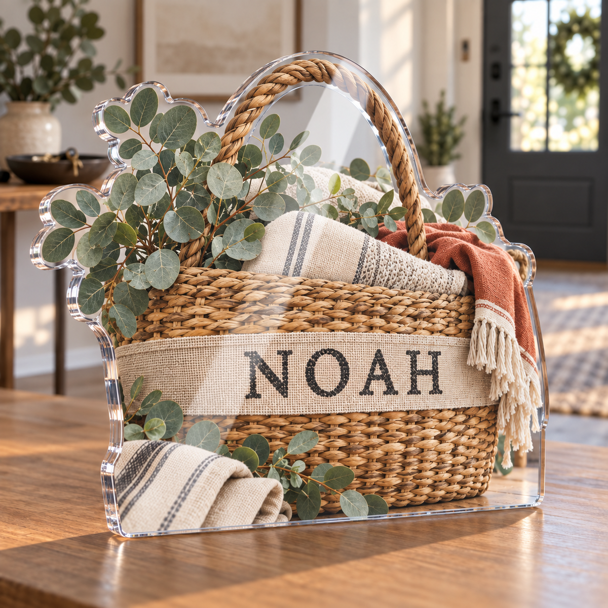 Artwork visualization: Woven basket illusion — personalized housewarming, personalized NOAH, subject-shaped acrylic with printed optical 3D depth; not carved relief.