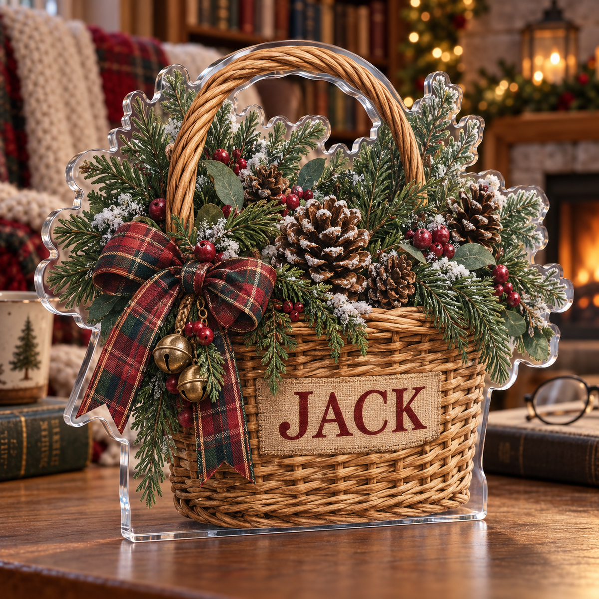 Artwork visualization: Woven basket illusion — quiet corner decoration, personalized JACK, subject-shaped acrylic with printed optical 3D depth; not carved relief.