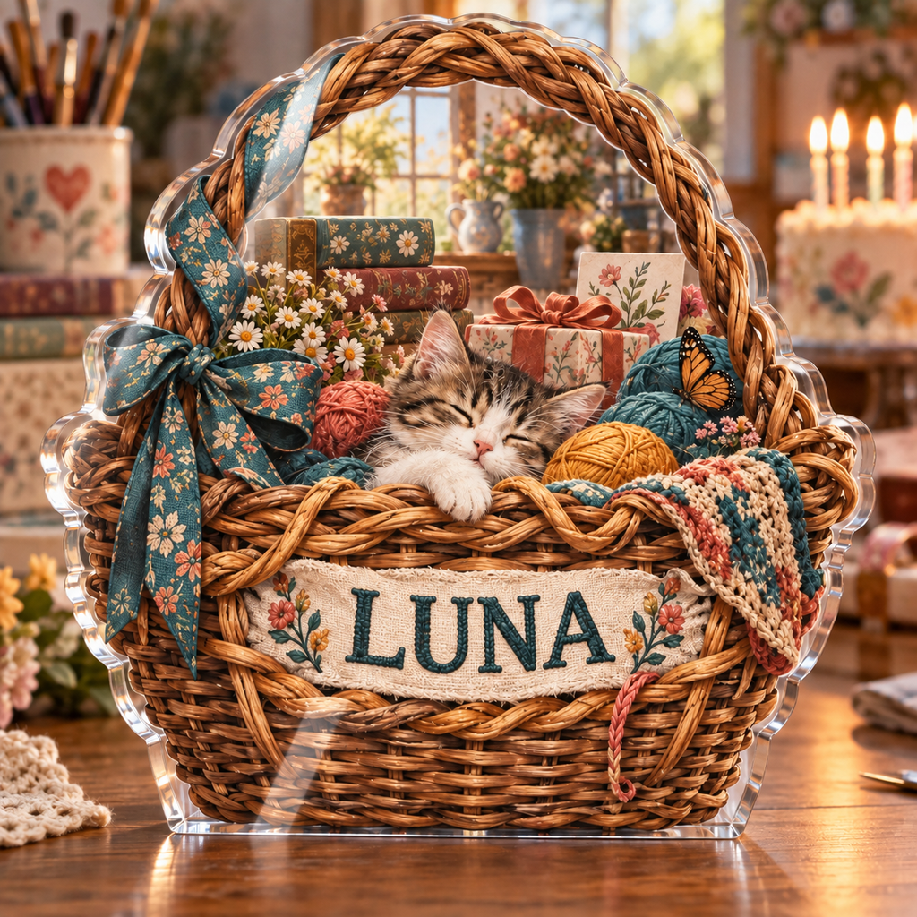 Artwork visualization: Woven basket illusion — collector birthday keepsake, personalized LUNA, subject-shaped acrylic with printed optical 3D depth; not carved relief.