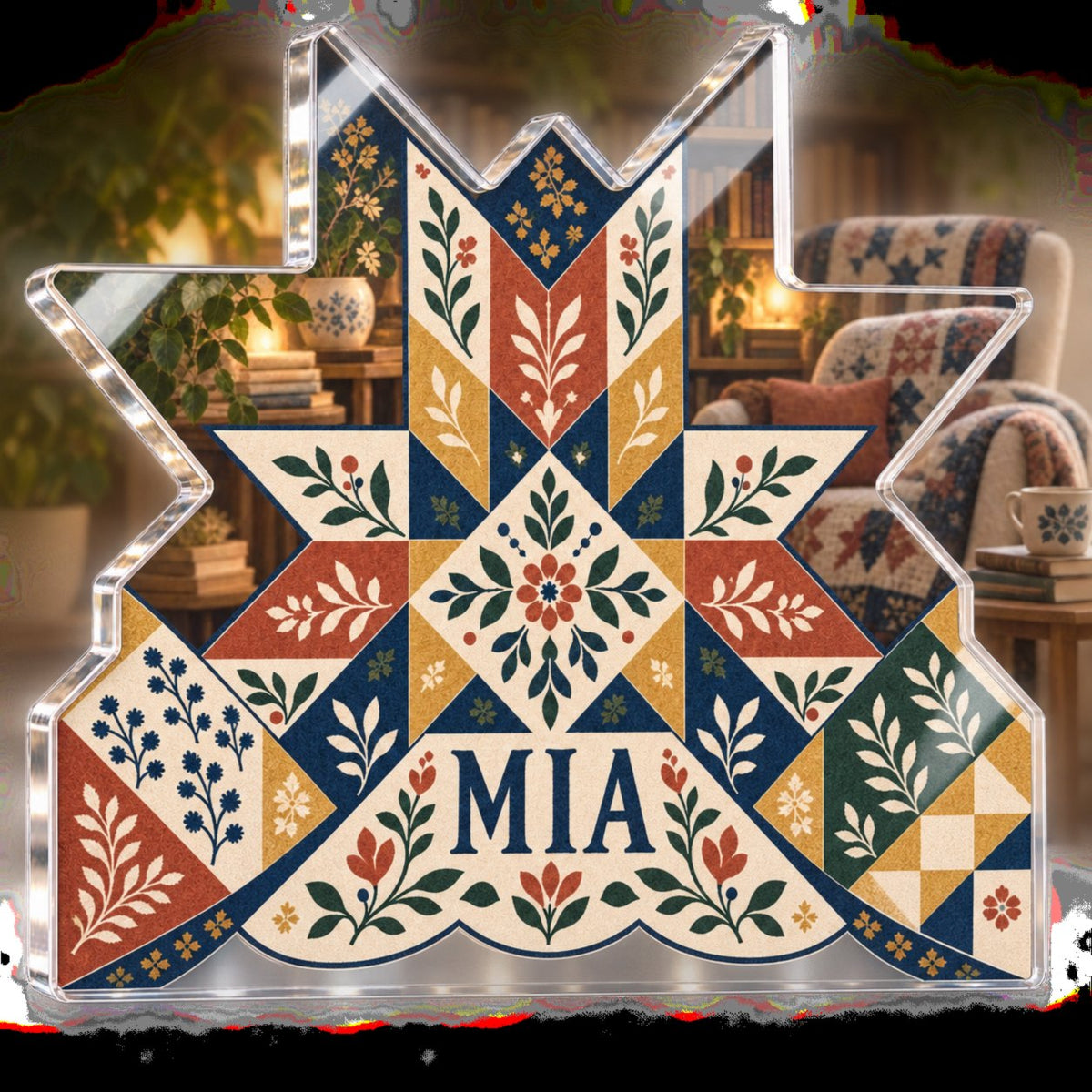 Personalized Quilt Block Print Effect Reading Nook Decor custom shape acrylic plaque with an example name set into the artwork, digital preview