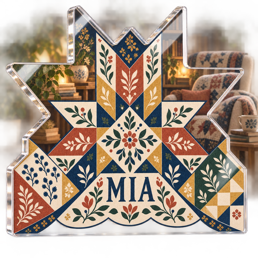 Artwork visualization: Quilt block print effect — reading nook decor, personalized MIA, subject-shaped acrylic with printed optical 3D depth; not carved relief.