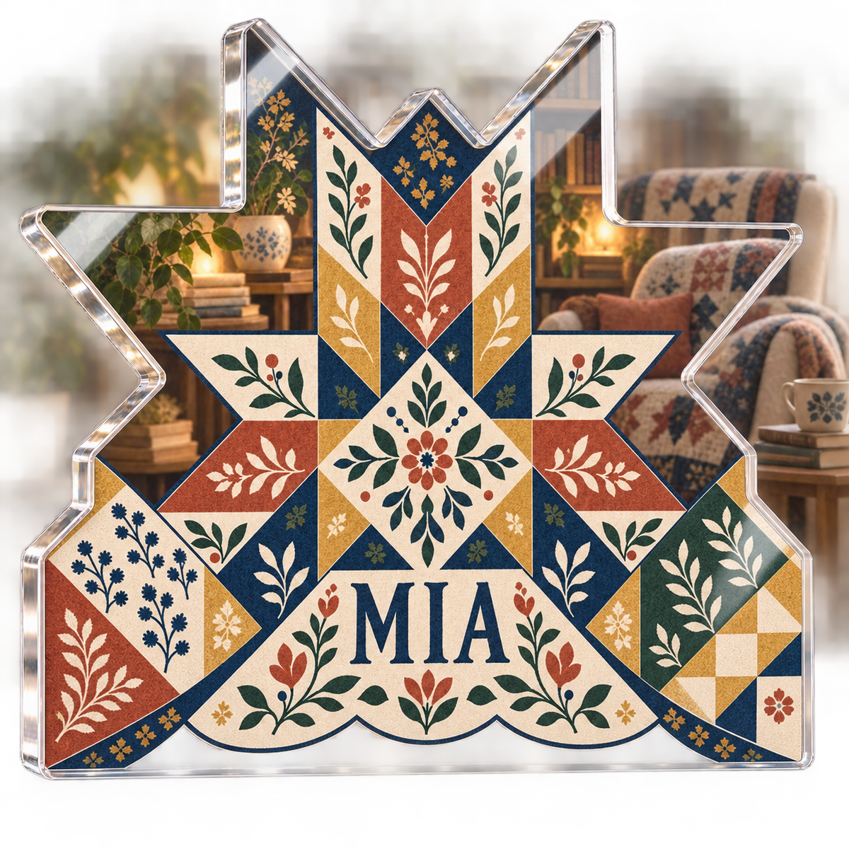 Artwork visualization: Quilt block print effect — reading nook decor, personalized MIA, subject-shaped acrylic with printed optical 3D depth; not carved relief.