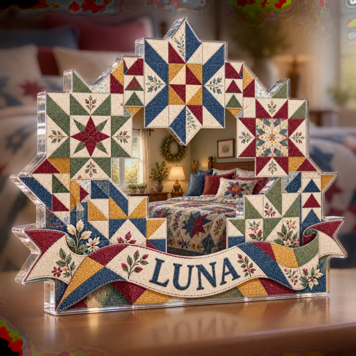 Personalized Quilt Block Print Effect Bedroom Statement Decor custom shape acrylic plaque with an example name set into the artwork, digital preview