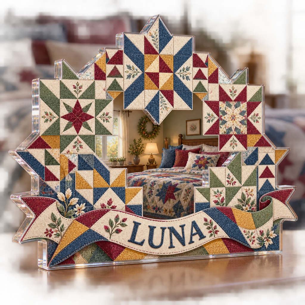 Artwork visualization: Quilt block print effect — bedroom statement decor, personalized LUNA, subject-shaped acrylic with printed optical 3D depth; not carved relief.