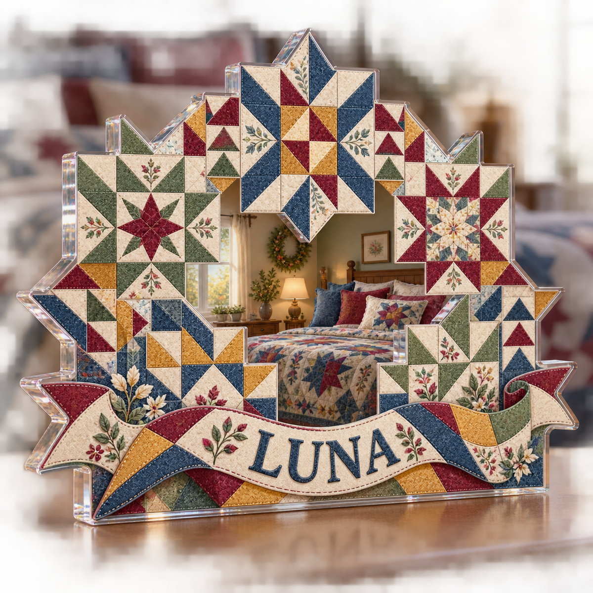 Artwork visualization: Quilt block print effect — bedroom statement decor, personalized LUNA, subject-shaped acrylic with printed optical 3D depth; not carved relief.