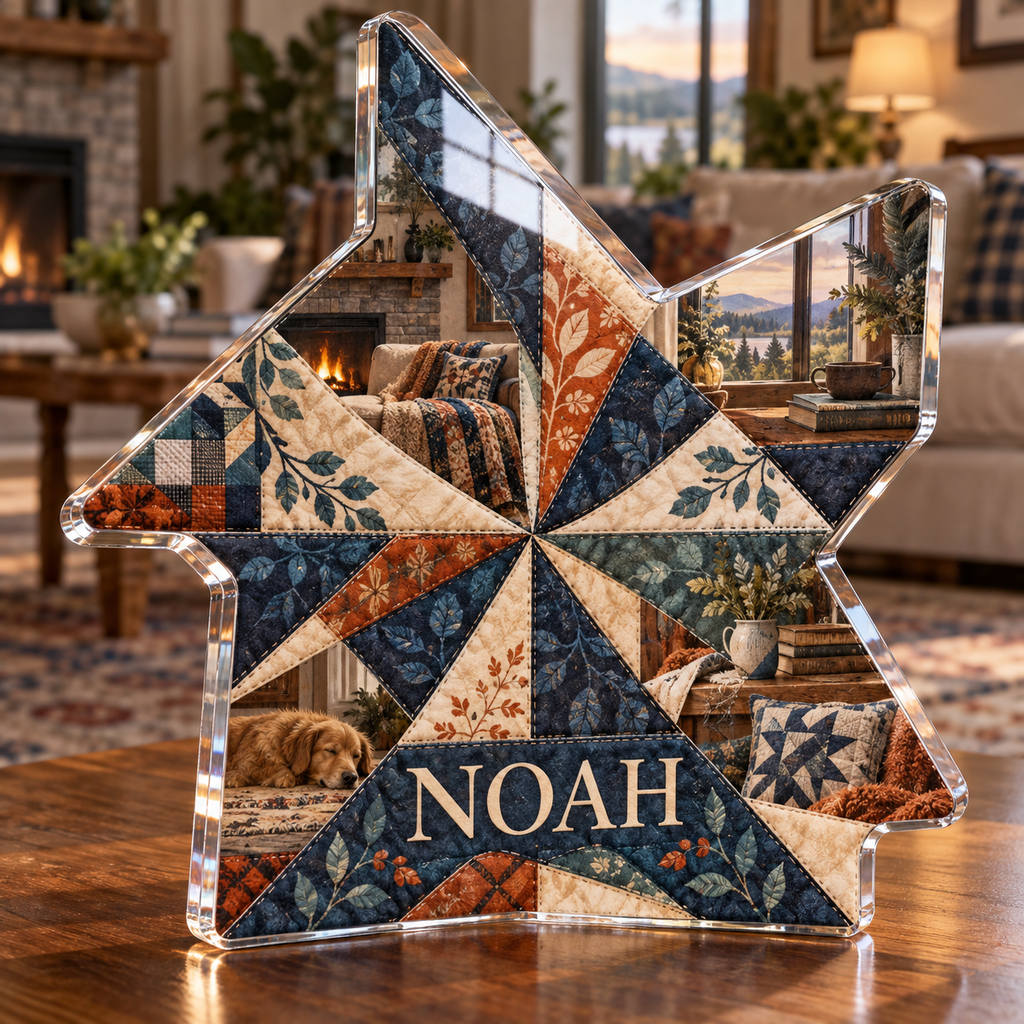 Artwork visualization: Quilt block print effect — living room focal point, personalized NOAH, subject-shaped acrylic with printed optical 3D depth; not carved relief.